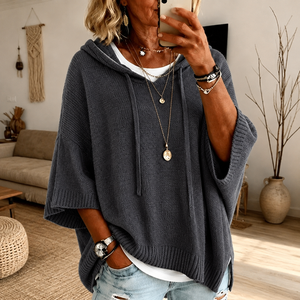 Hooded Knit Poncho Sweater - Charcoal