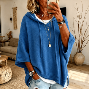Hooded Knit Poncho Sweater - Blue