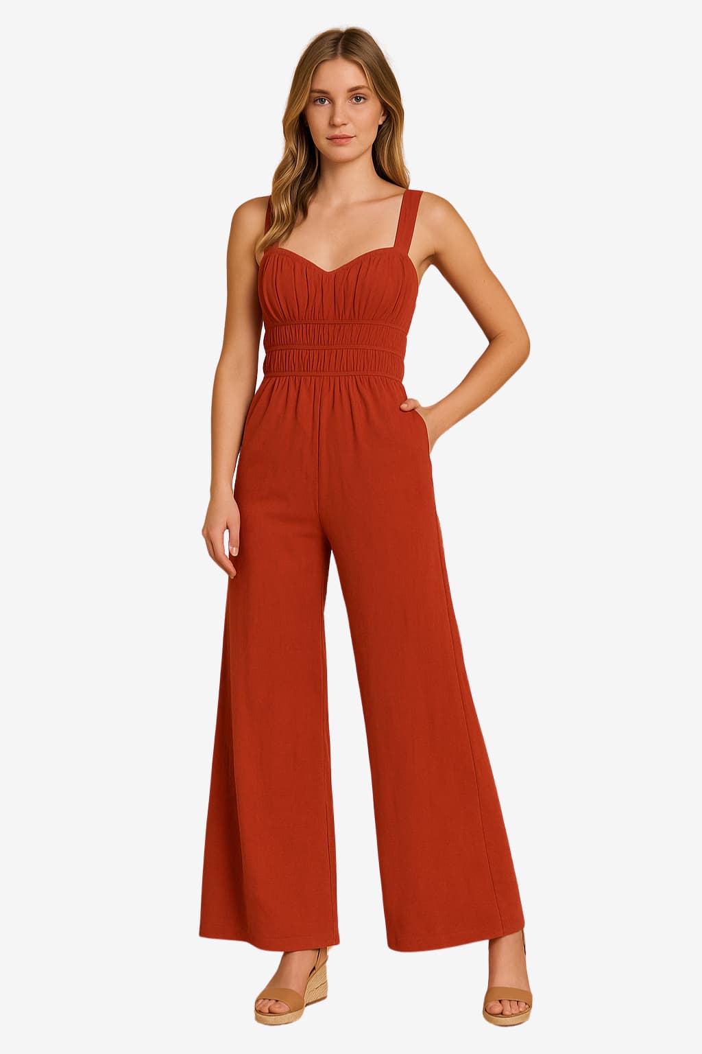 Women's Cotton Linen Wide-Leg Jumpsuit - Sleeveless Relaxed Fit with Elastic Waist