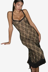 Women's Black Lace Midi Dress with V-Neck and Ruffled Hem
