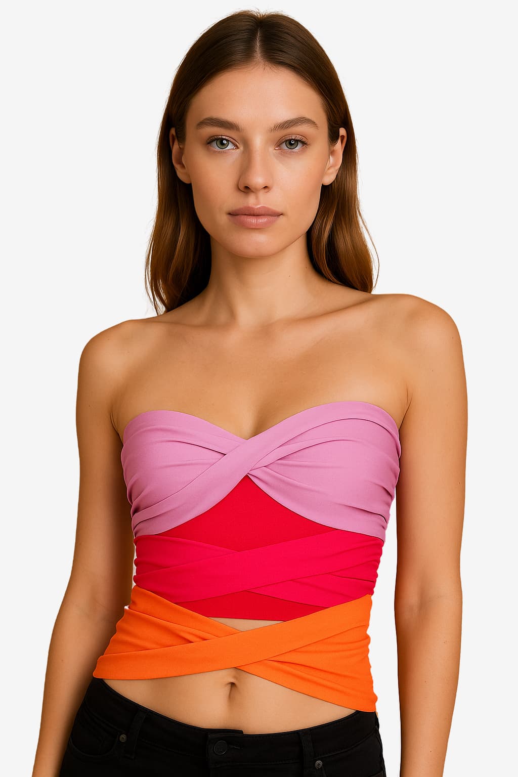 Women's Strapless Colour Block Crop Top, Slim Fit