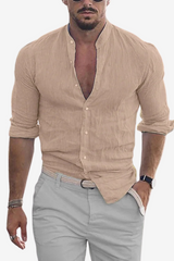 Men’s Linen Shirt Long Sleeve Slim Fit Mandarin Collar