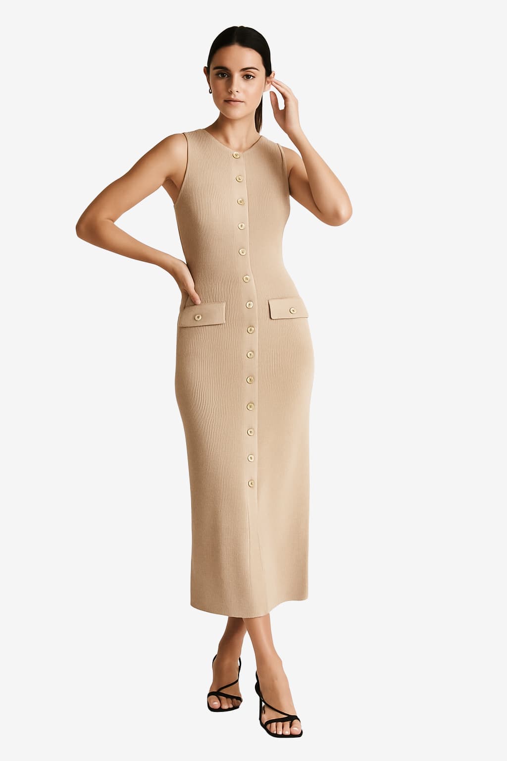 Women's Sleeveless Midi Knit Dress with Button Front