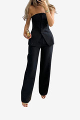 Women’s Strapless Blazer Suit Set with Wide-Leg Trousers