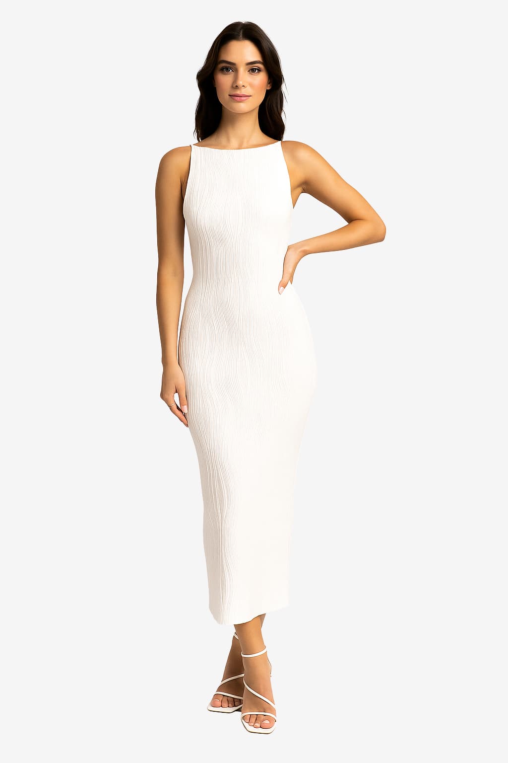 Women's Textured Midi Dress with Thin Straps