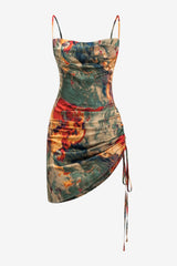 Women’s Ruched Satin Mini Dress Watercolour Print Slip