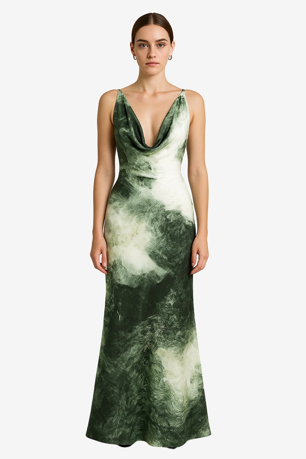 Women's Tie Dye Cowl Neck Satin Maxi Dress