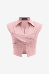 Women’s Linen Ruched Wrap Crop Top Sleeveless Collared