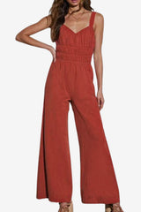 Women's Cotton Linen Wide-Leg Jumpsuit - Sleeveless Relaxed Fit with Elastic Waist