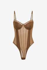 Women's Sheer Mesh Corset Bodysuit with Underwire Cups