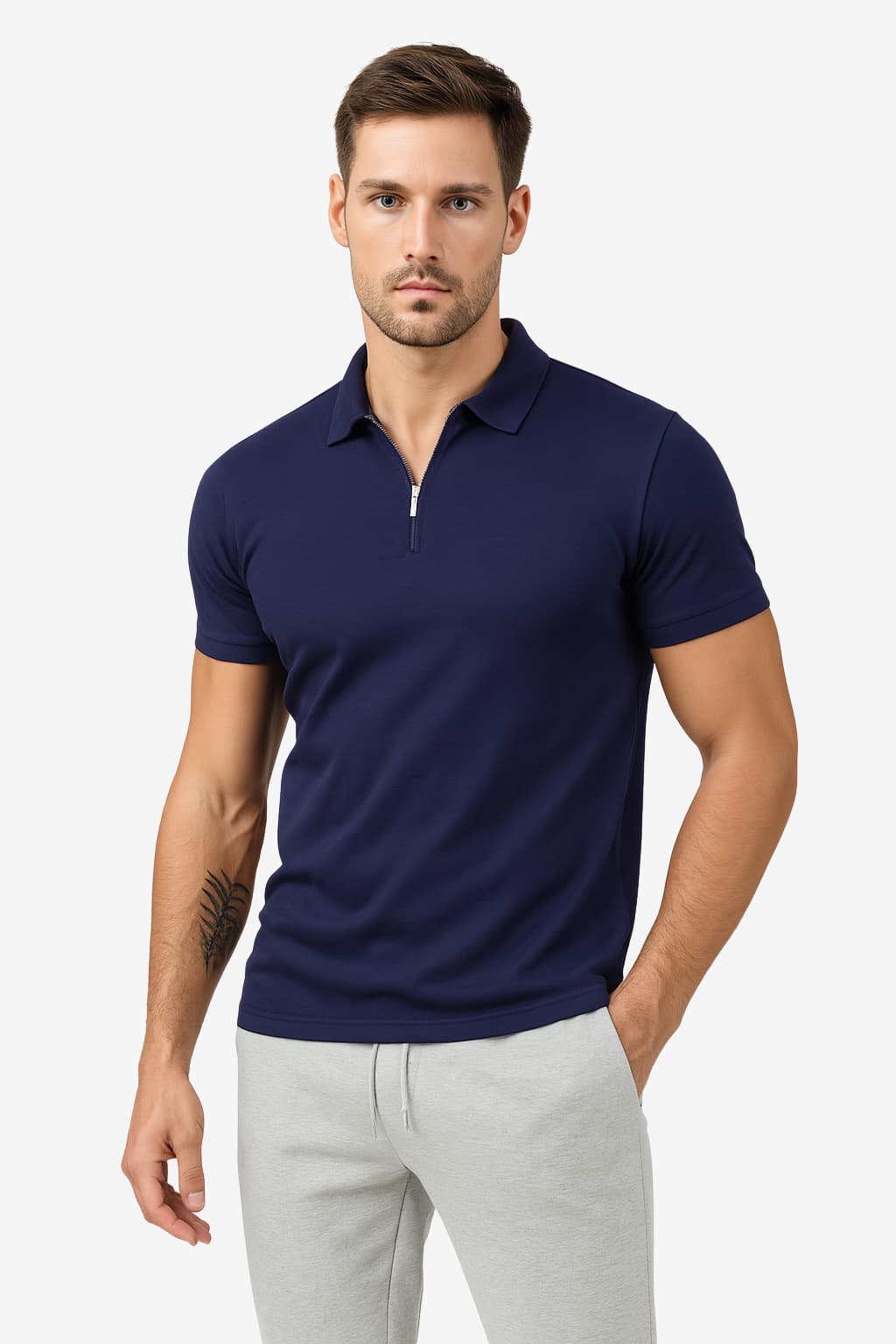 Men's Short-Sleeve Navy Polo Shirt with Zip Collar