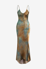 Women's Tie Dye V-Neck Satin Maxi Dress