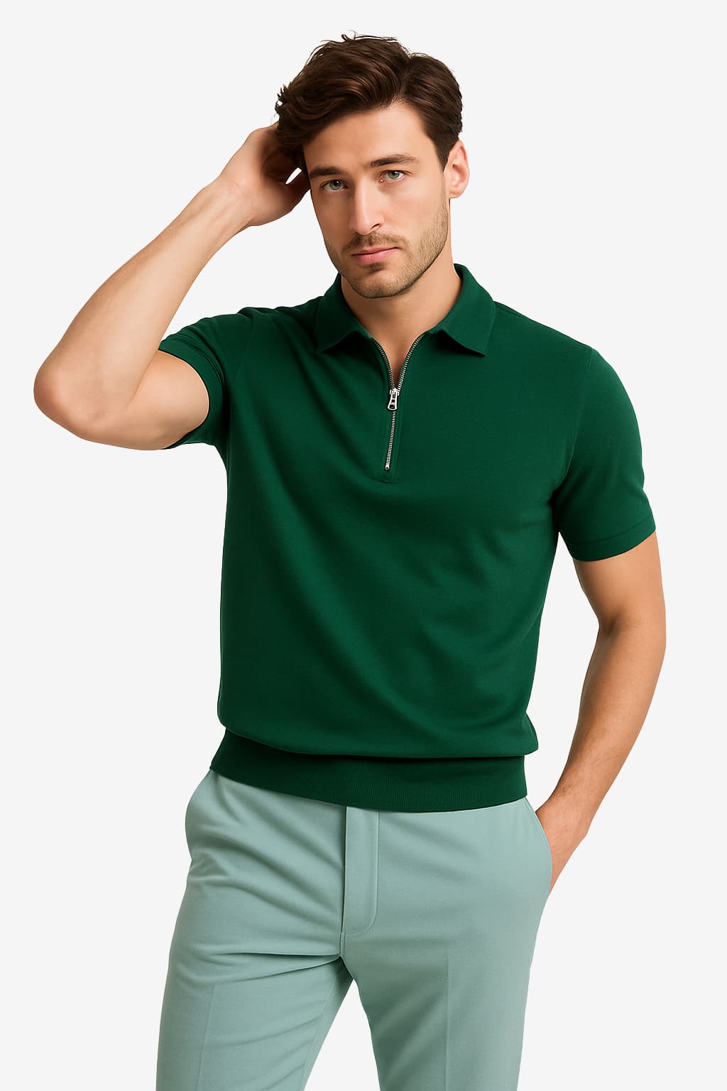 Men's Slim Fit Short Sleeve Zip-Up Polo Shirt Light Grey