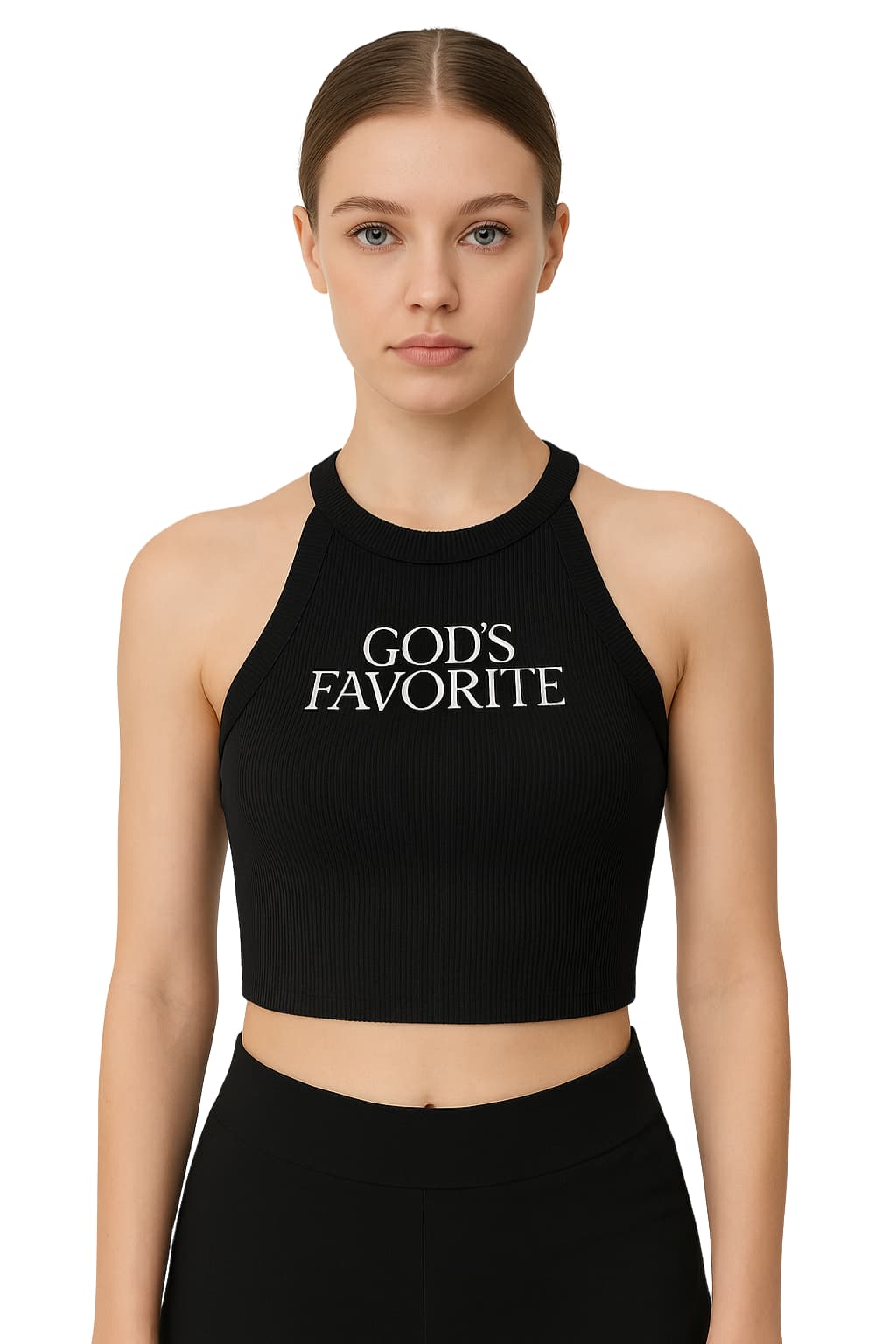 Women’s Black Halter Neck Crop Top Ribbed Sleeveless