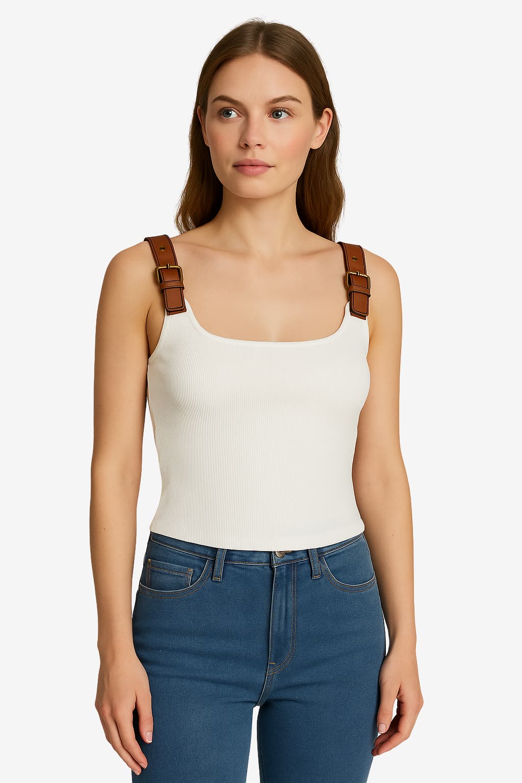 Women's Slim Fit White Patchwork Tank Top with Faux Leather Straps