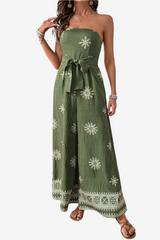 Women's Strapless Cotton Linen Jumpsuit - Wide Leg Boho Print with Self-Tie Waist