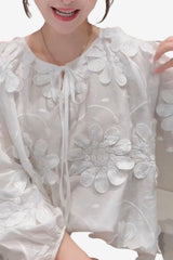 Women's Floral Chiffon Top Long Sleeve Round Neck Tie Detail
