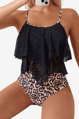 Women’s Leopard Print Tankini Set with Lace Top