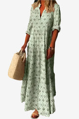 Women's V-Neck Maxi Dress Loose Fit 3/4 Sleeve Patterned