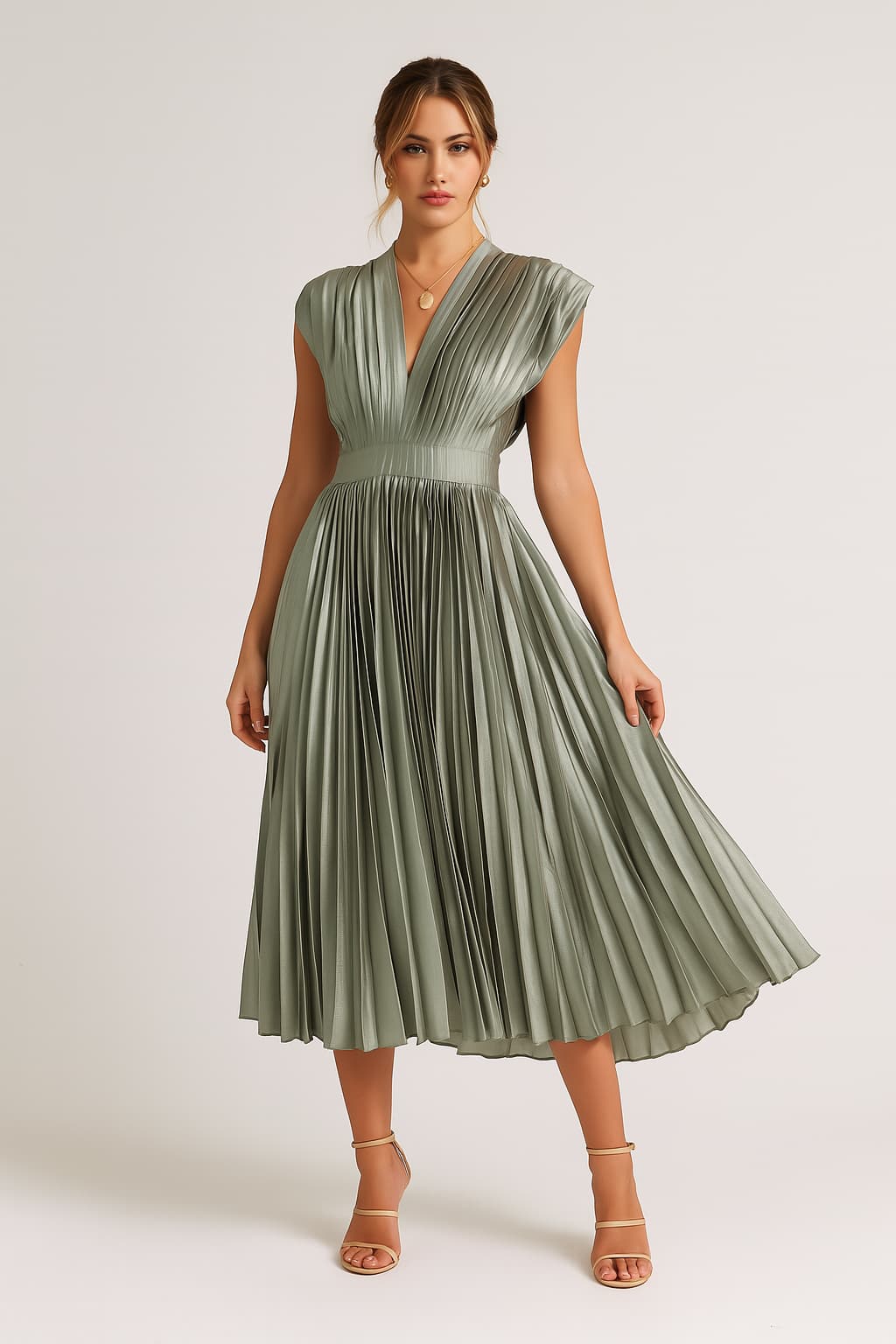 Women's Sleeveless V-Neck Midi Dress A-Line Pleated