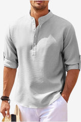 Men’s Linen Blend Shirt Long Sleeve Band Collar Casual