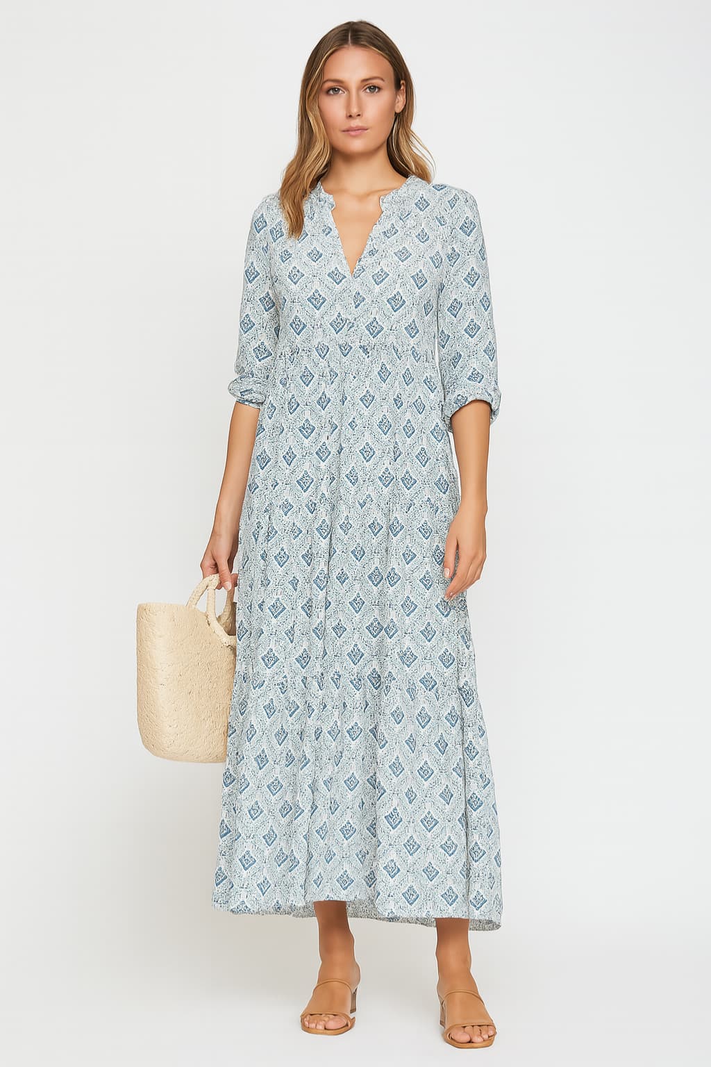 Women's V-Neck Maxi Dress Loose Fit 3/4 Sleeve Patterned