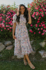 Women's Floral Midi Dress with Smocked Bodice