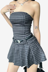 Women's Strapless Plaid Mini Dress with Belt