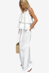 Women's Cotton Linen Two-Piece Set - Sleeveless Ruffle Top &amp; Wide-Leg High-Waisted Trousers