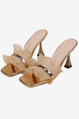 Women's Gold Lace Strap Square Toe Mid Heel Sandals