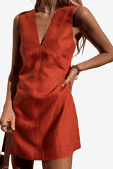 Women's Sleeveless V-Neck Mini Dress - Cotton Linen Blend, Lightweight Casual Wear