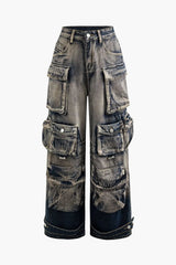 Women's Wide Leg Cargo Jeans High-Waisted Multi - Pocket
