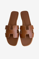 Women's Leather Flat Sandals H Cutout Slip-On Summer