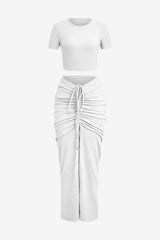 Women's Chartreuse Ribbed Crop Top &amp; Drawstring Midi Skirt Set