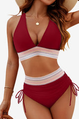 Women's High-Waisted Halter Bikini Set with Striped Detail