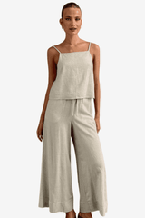 Women's Cotton Linen Matching Set - Spaghetti Strap Top &amp; Wide-Leg High-Waisted Trousers
