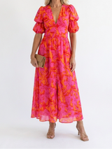 Willow | Floral V Neck Puff Sleeve Midi Dress