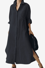 Women's Linen Blend Shirt Dress - Button-Down Long Sleeve Casual Fit