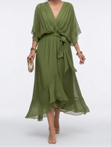 Elysia | V Neck Draped Waist Tie Midi Dress