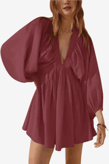 Women's Cotton Linen Short Dress - V-Neck Long Sleeve Relaxed Fit