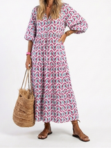 Mireya | Geometric Print Long Sleeve Tiered Midi Dress