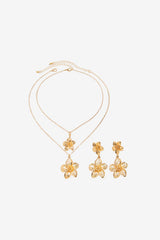 Women's Gold-Toned Floral Pendant Layered Necklace and Dangle Earrings Set