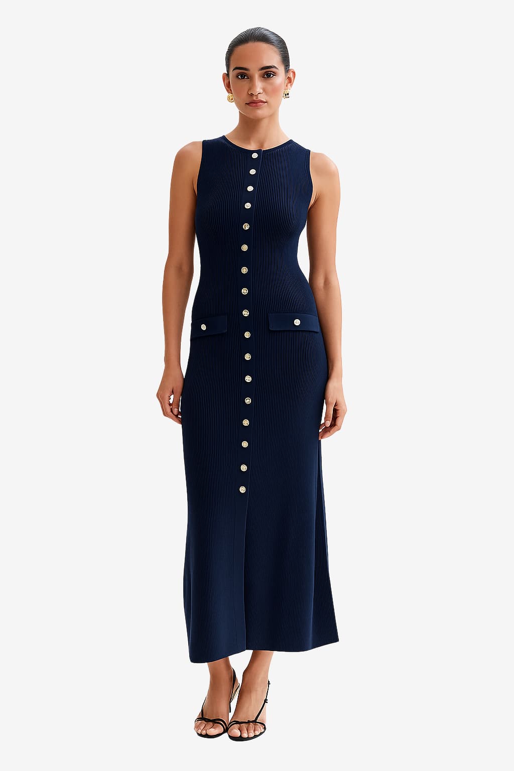 Women's Sleeveless Midi Knit Dress with Button Front