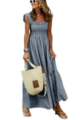 Women’s Check Maxi Dress with Shirred Bodice