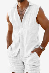Men’s Sleeveless Cotton Linen Shirt Set Casual Summer