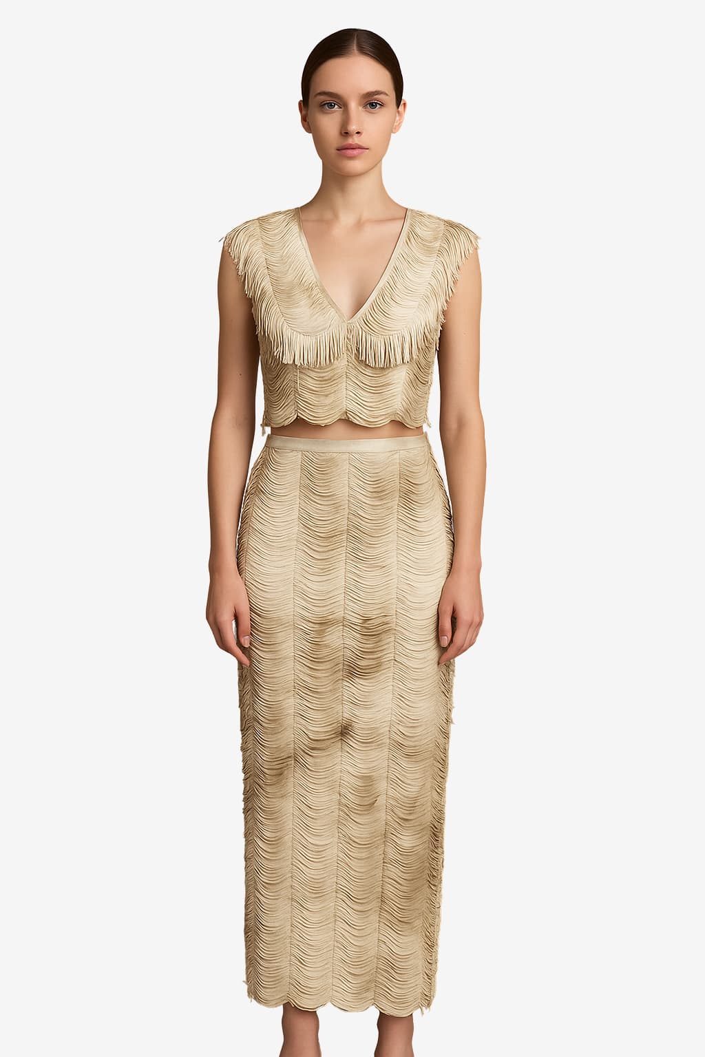 Women's V-Neck Fringed Crop Top &amp; Maxi Skirt Set