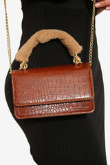 Women's Brown Faux Fur Handbag with Snake Print