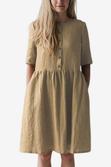 Women's Cotton Linen Midi Dress - Relaxed Fit Short Sleeve with Pockets &amp; Buttons