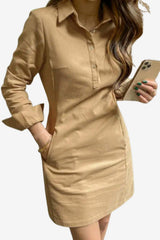 Women’s Long Sleeve Shirt Dress Button-Up Knee Length