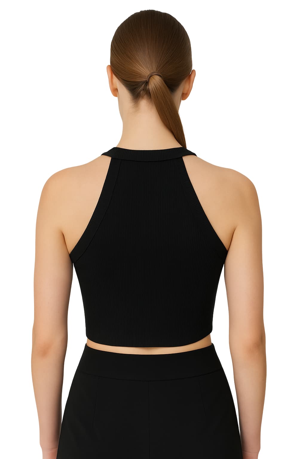Women’s Black Halter Neck Crop Top Ribbed Sleeveless